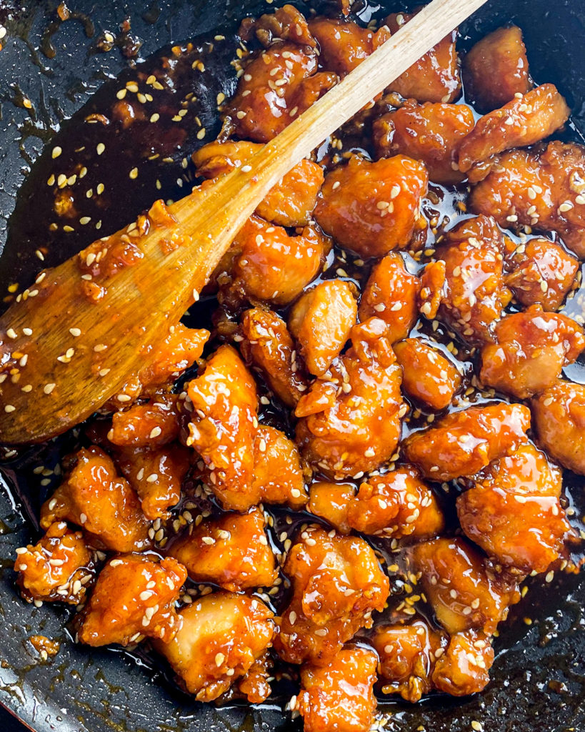 sticky sesame chicken with honey sauce