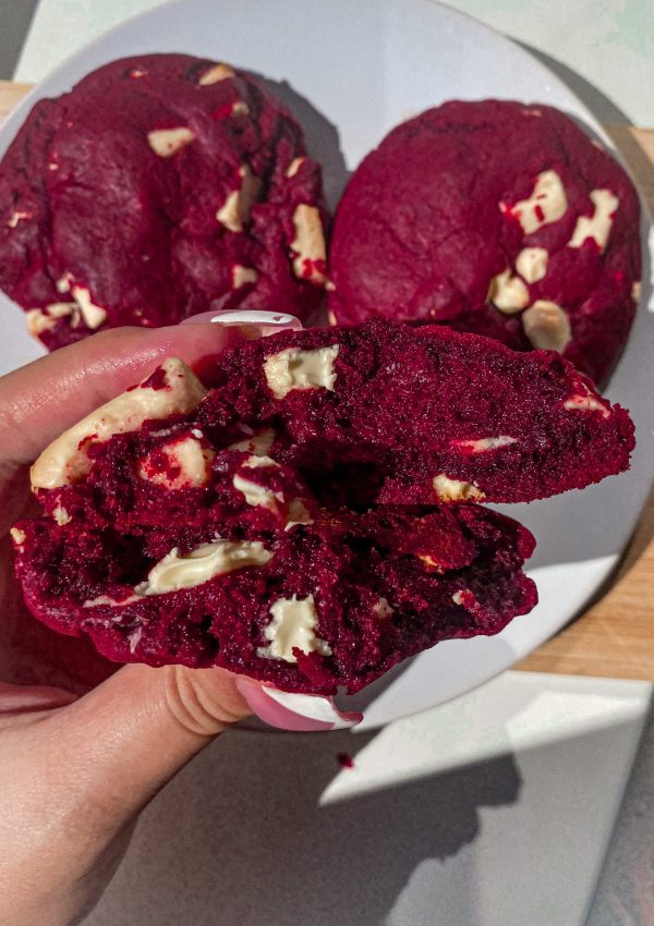 Red velvet cookies with melting white chocolate