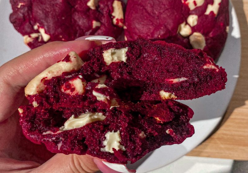 Red velvet cookies with melting white chocolate
