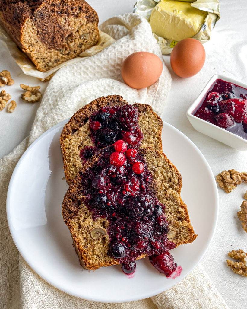 Chocolate Swirl Banana Bread With Nuts And Berry Sauce