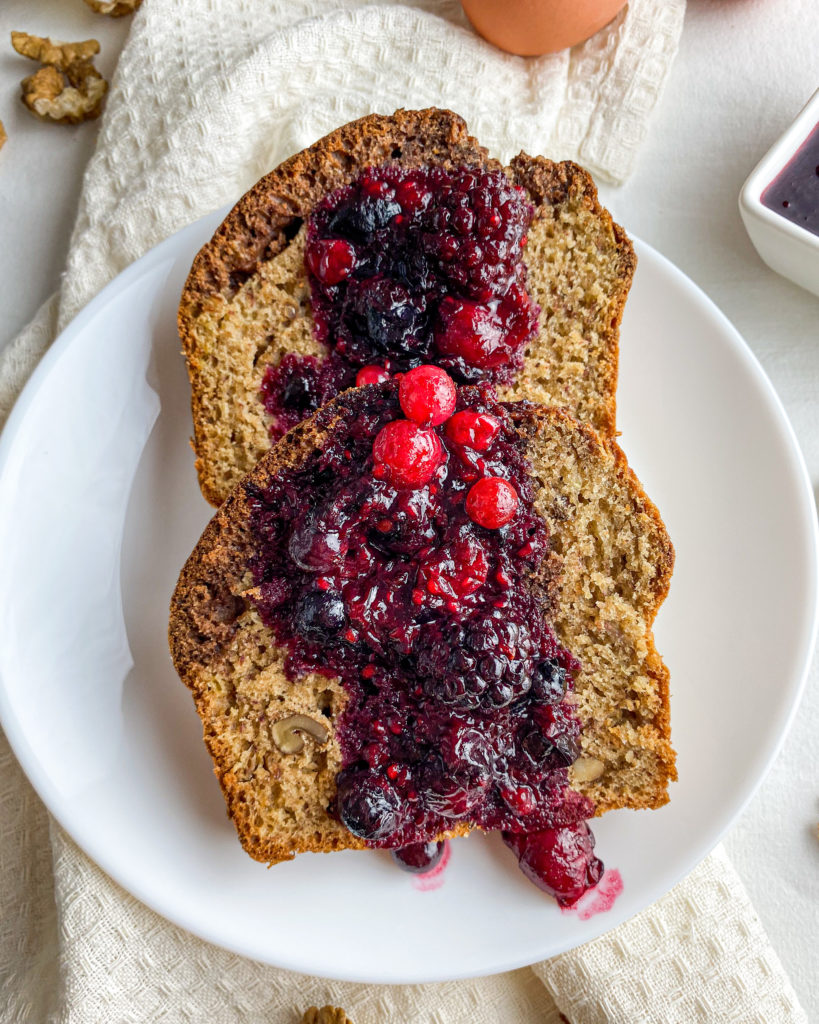 Chocolate Swirl Banana Bread With Nuts And Berry Sauce