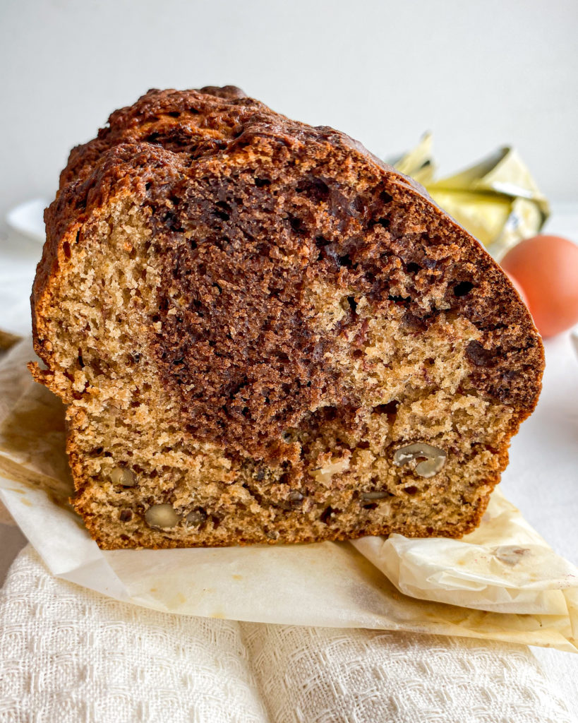 Chocolate Swirl Banana Bread With Nuts And Berry Sauce