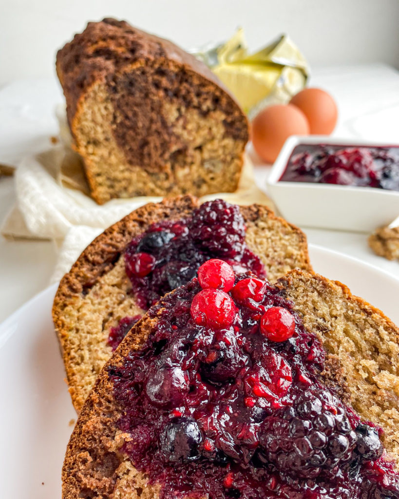 Chocolate Swirl Banana Bread With Nuts And Berry Sauce